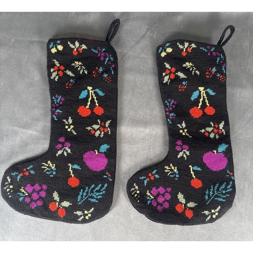 Vintage Crate‎ & Barrel Hand Needlepoint Black Wool Christmas Stocking Fruit